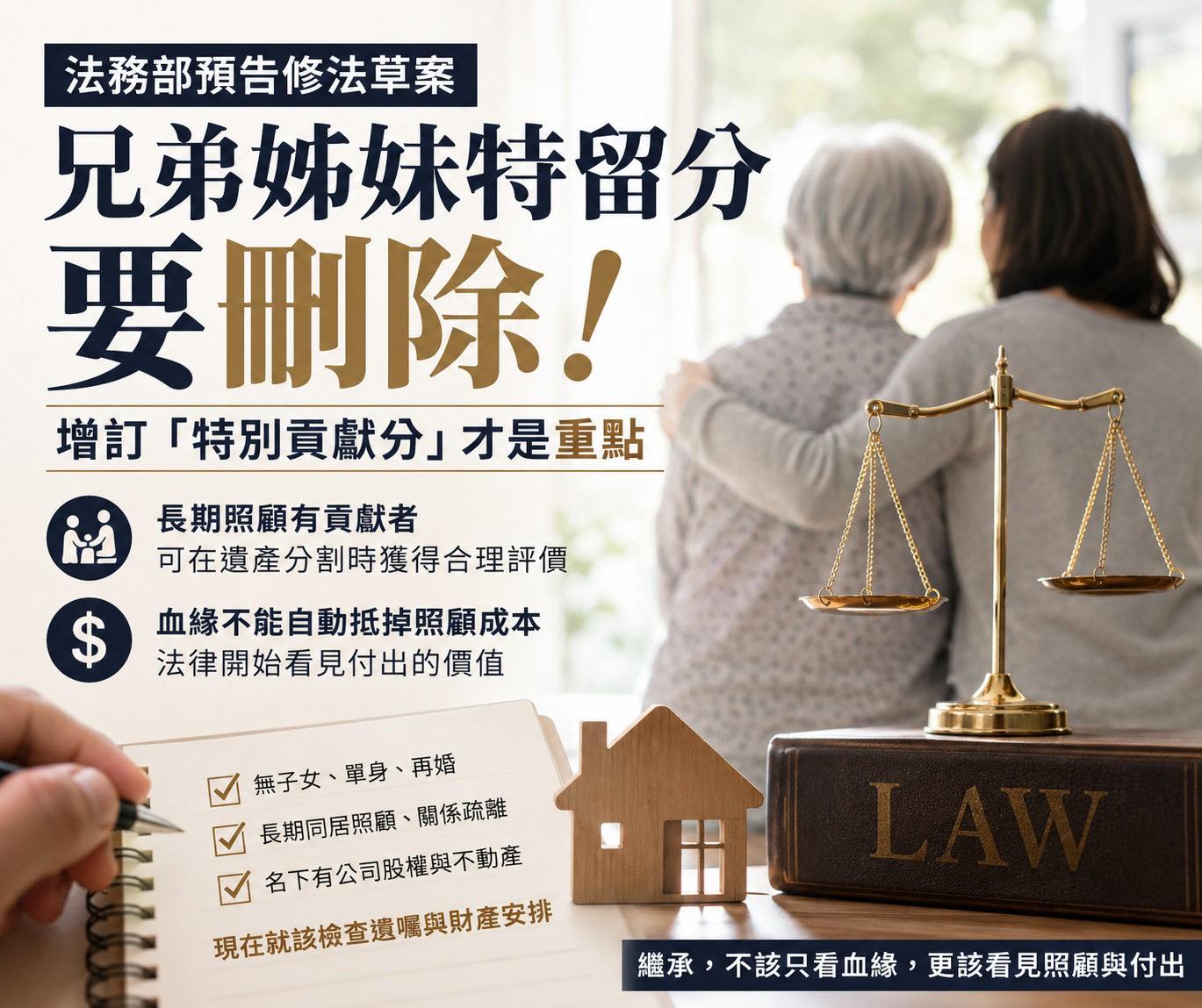 文章圖片：法務部預告修法草案，兄弟姊妹 特留分要刪除，再次引發討論。